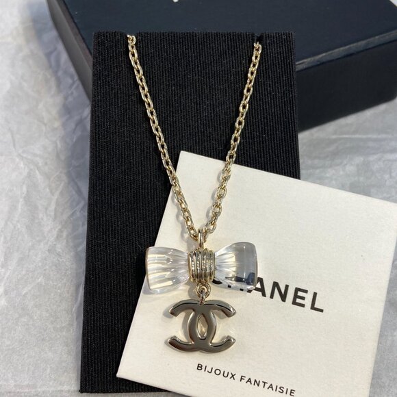 CHANEL Jewelry - CHANEL Gold Chain Necklace with Crystal Bow Pendant